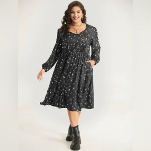 BloomChic Halloween Moon & Star Print Elastic Waist Lantern Sleeve Dress